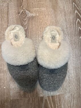 UGG Women's Gray Knit Slippers with Cream Shearling Collar